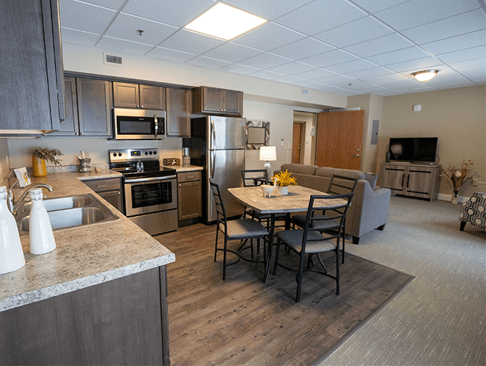 Beautifully upgraded and open kitchen concept located in Schuetzen Park independent living apartments at Good Samaritan Society - Davenport in Davenport, Iowa.
