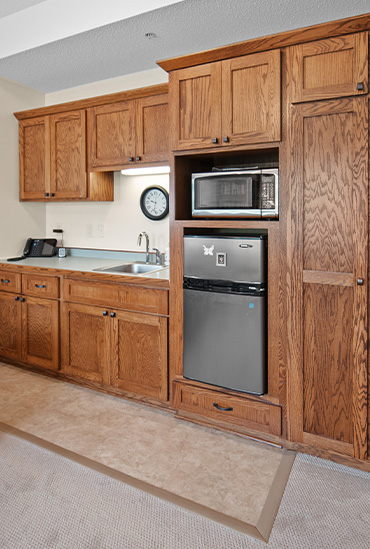 Assisted living apartment kitchenette at the Lodge of Howard Lake in Howard Lake, Minnesota.