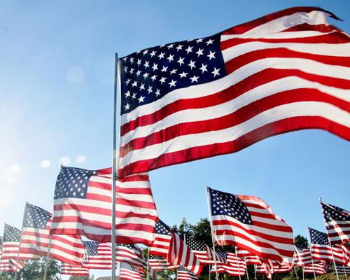 American flags blowing.