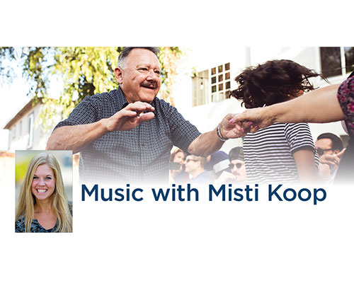 Man dancing and a picture of Misti Koop.