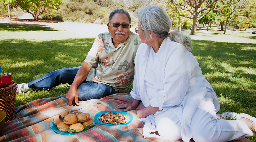 Senior couple having a picnic in the park.