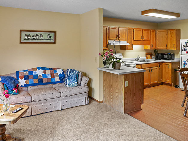 The kitchen in a 1 bedroom assisted living apartment at Good Samaritan Society - Woodland in Brainerd, MN.