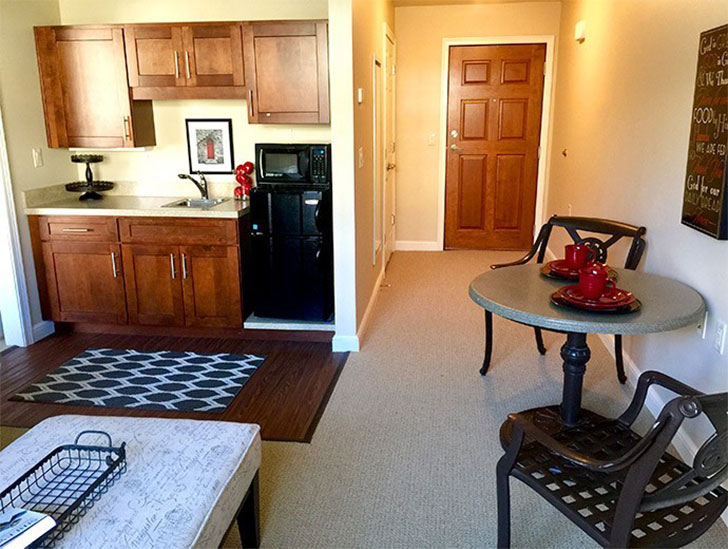 Assisted Living apartment with open concept living room at Good Samaritan Society - Fairfield Glade in Crossville, Tennessee.