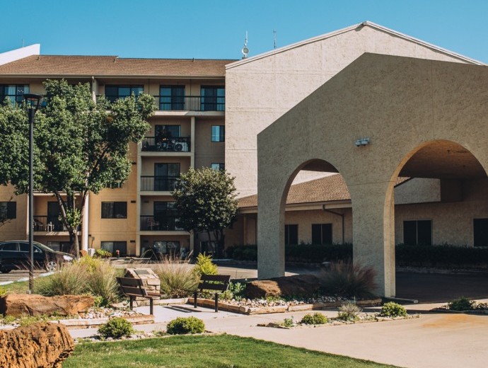 Main apartment entrance on the campus of Good Samaritan Society - Lake Forest Village in Denton, Texas.