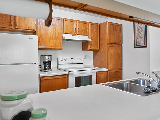 River's Edge independent living apartments feature a full-size kitchen at Good Samaritan Society - International Falls in International Falls, Minnesota.