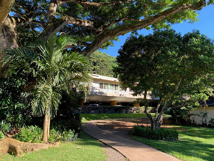 Walking path entrance to Harry Jeanette Weinberg Care Center at Good Samaritan Society - Pohai Nani in Kaneohe, Hawaii.