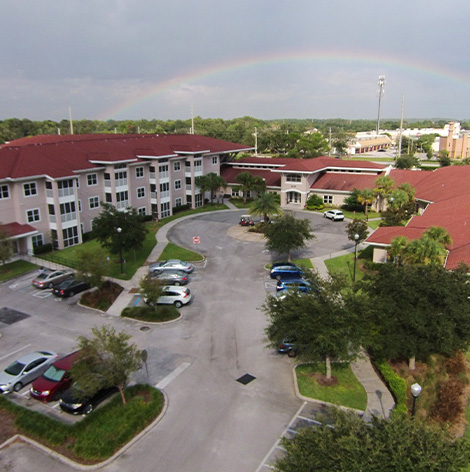 Aerial view of senior living apartments at Heritage Creekside at Good Samaritan Society - Kissimmee Village in Kissimmee, Florida.