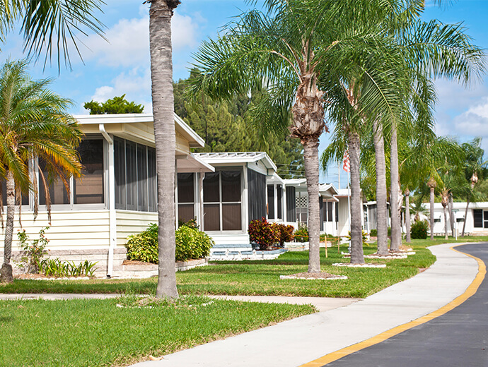 Palm tree-lined path showcasing one of the many Manufactured Home neighborhoods available at Good Samaritan Society - Kissimmee Village in Kissimmee, Florida.