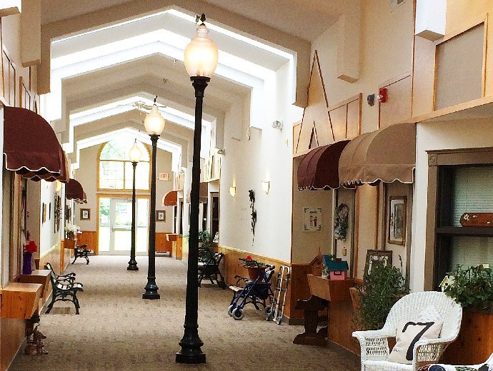 The walkway through Prairie Rose senior living at Good Samaritan Society - Lakota in North Dakota.
