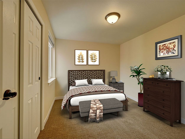 Furnished assisted living master bedroom apartment at Good Samaritan Society - Loveland Village in Loveland, Colorado.