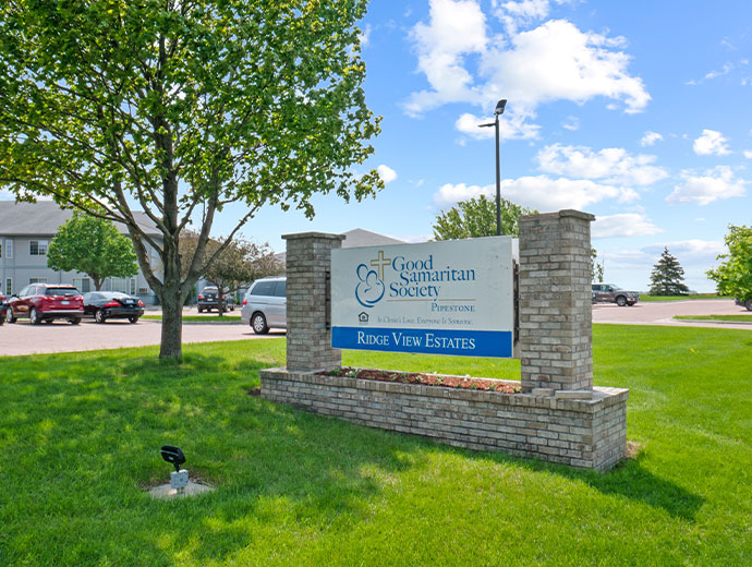 Ridgeview Estates senior living community monument sign at Good Samaritan Society - Pipestone in Pipestone, Minnesota.