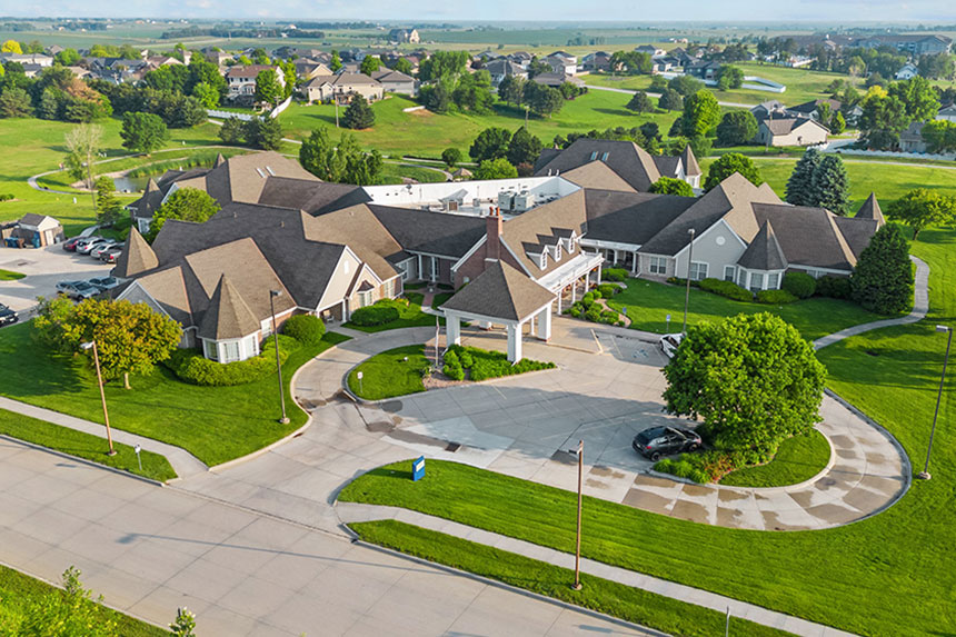 Aerial view of senior living community Good Samaritan Society - Prairie View Gardens in Kearney, Nebraska.