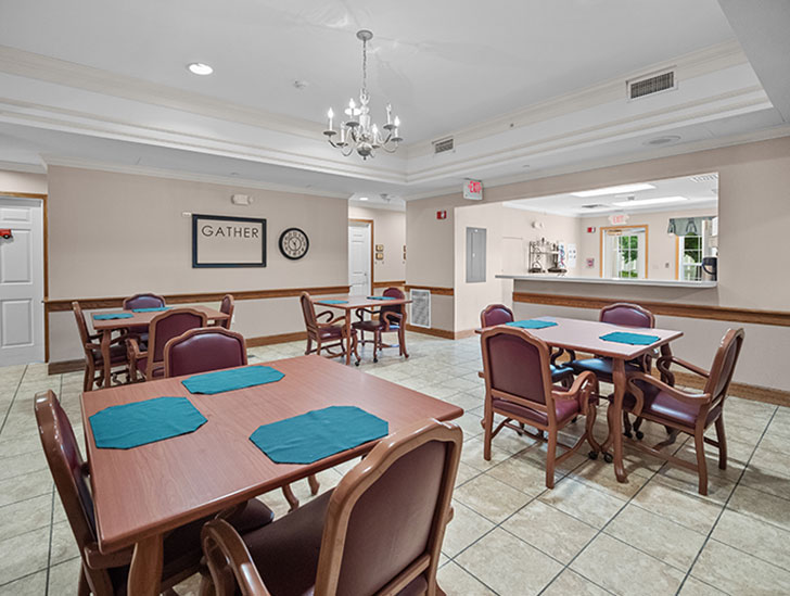 Community dining room for memory care residents at Good Samaritan Society - Prairie View Gardens in Kearney, Nebraska.