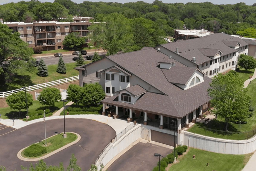 Aerial view of Good Samaritan Society - Heritage Place of Roseville in Roseville, Minnesota. A senior living community located in the northeast suburbs of the Twin Cities.