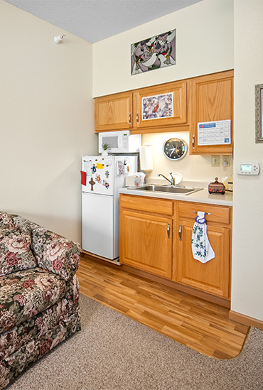 Assisted living apartments feature kitchenette at Good Samaritan Society - St. James in St. James, Minnesota.
