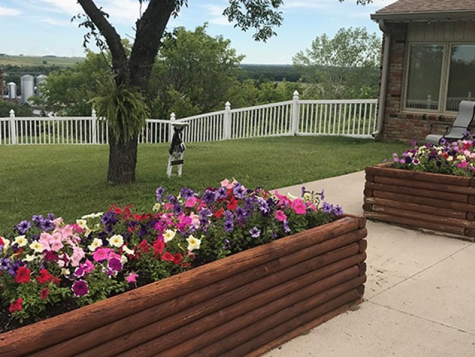 The beautifully manicured garden boxes provide a calming patio space for residents at Souris Valley Care Center in Velva, North Dakota.