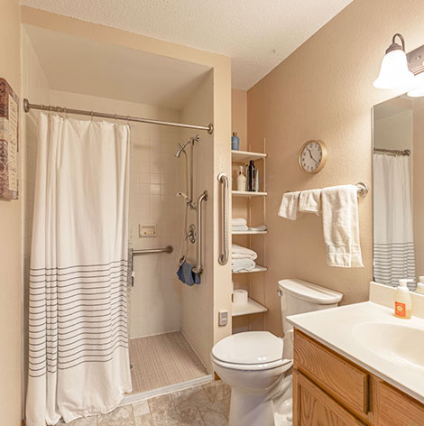 Senior living apartments include walk-in showers with safety rails at Remick Ridge Estates at Good Samaritan Society - Windom in Windom, Minnesota.