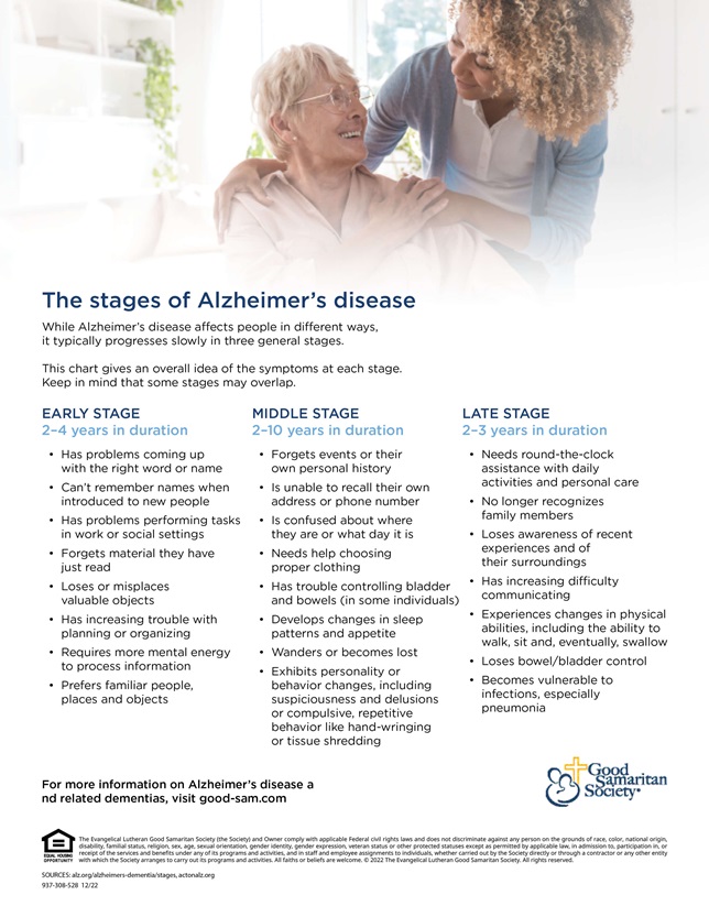 The stages of Alzheimer's disease include early stage, middle stage and late stage.