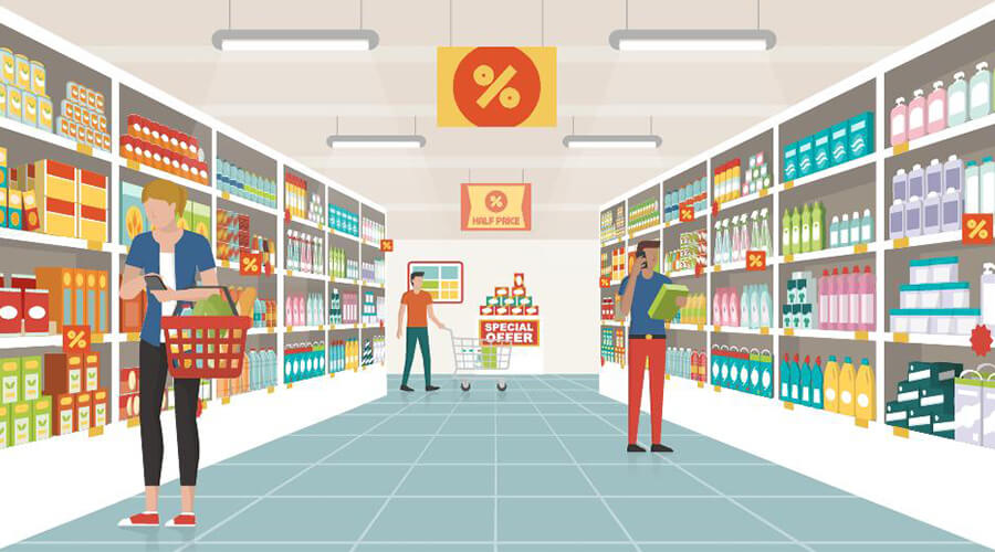Cartoon image of a grocery store with shoppers