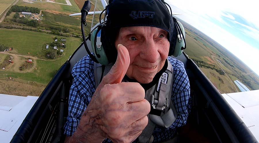 Donald Woodruff in an airplane