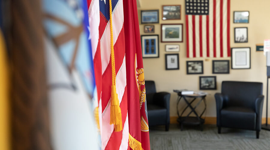 American flag and military memorabilia on display