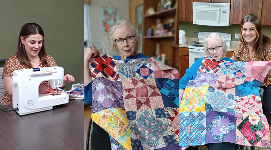 Good Samaritan Society - Manson resident, Linda Mack and activities director, Cassie Darr, show finished quilt.