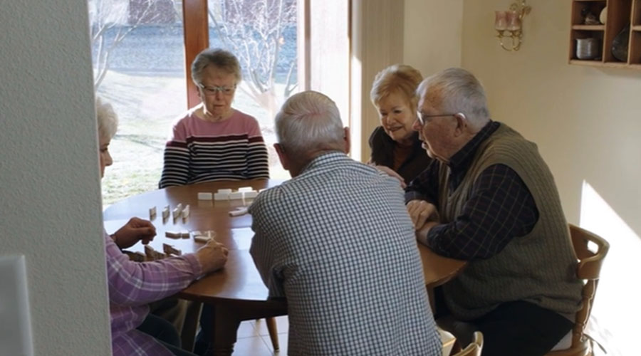Group of seniors playing a game at a table.