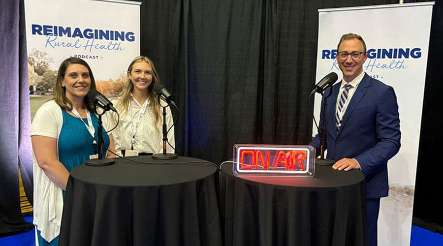 Matt Holsen interviewing Marie Walker, director of nursing, and Kelsey Moulzolf, location administrator at Good Samaritan Society - Woodland.