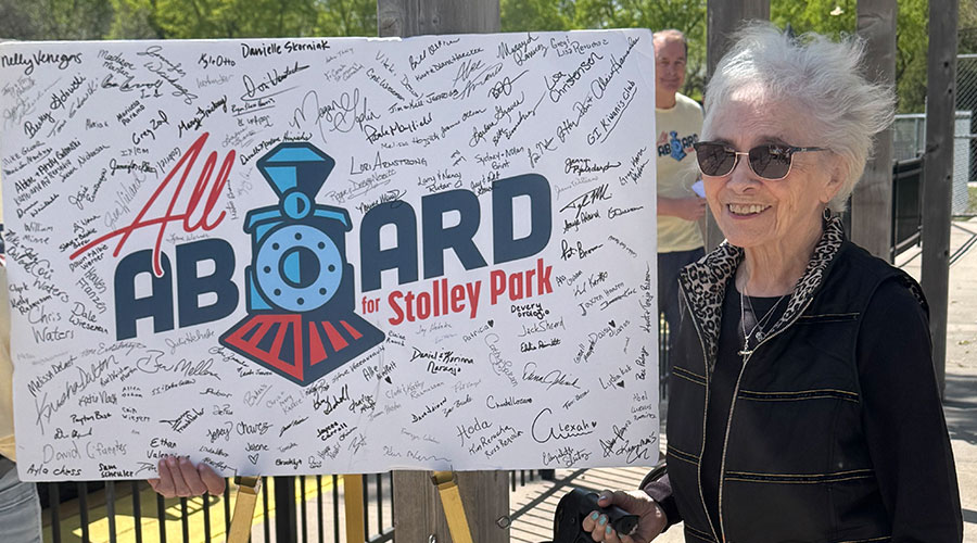 Lois Melsen, a senior living apartment resident at Good Samaritan Society – Grand Island Village smiling after donating to Stolley Park.