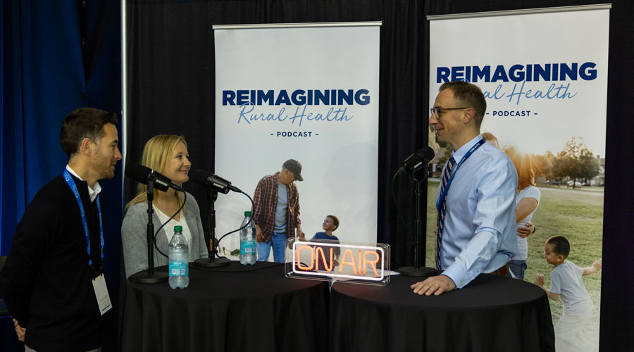 Host Matt Holsen interviewing Joe Bartolo and Cassie Greene on the Reimagining Rural Health podcast.