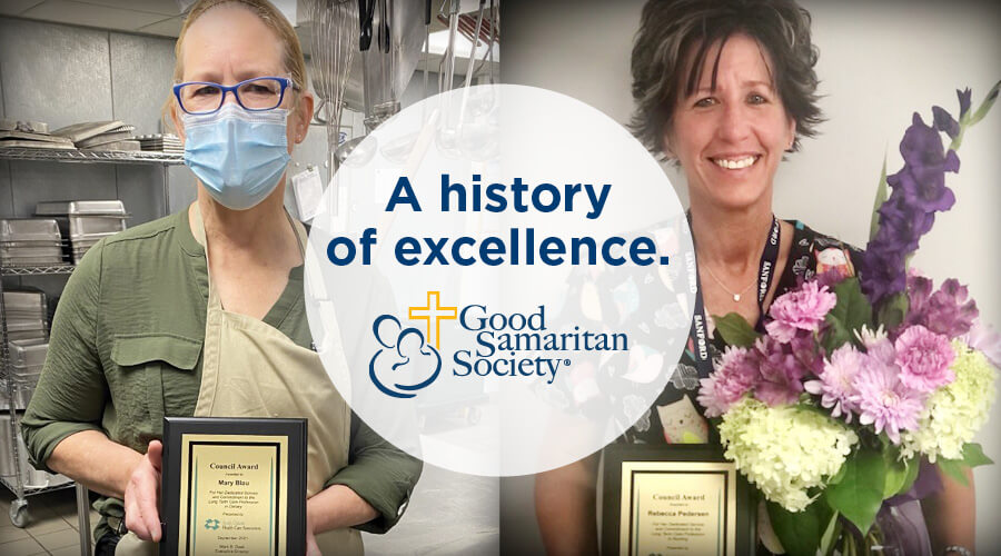Two Good Samaritan Society award winners holding their plaques